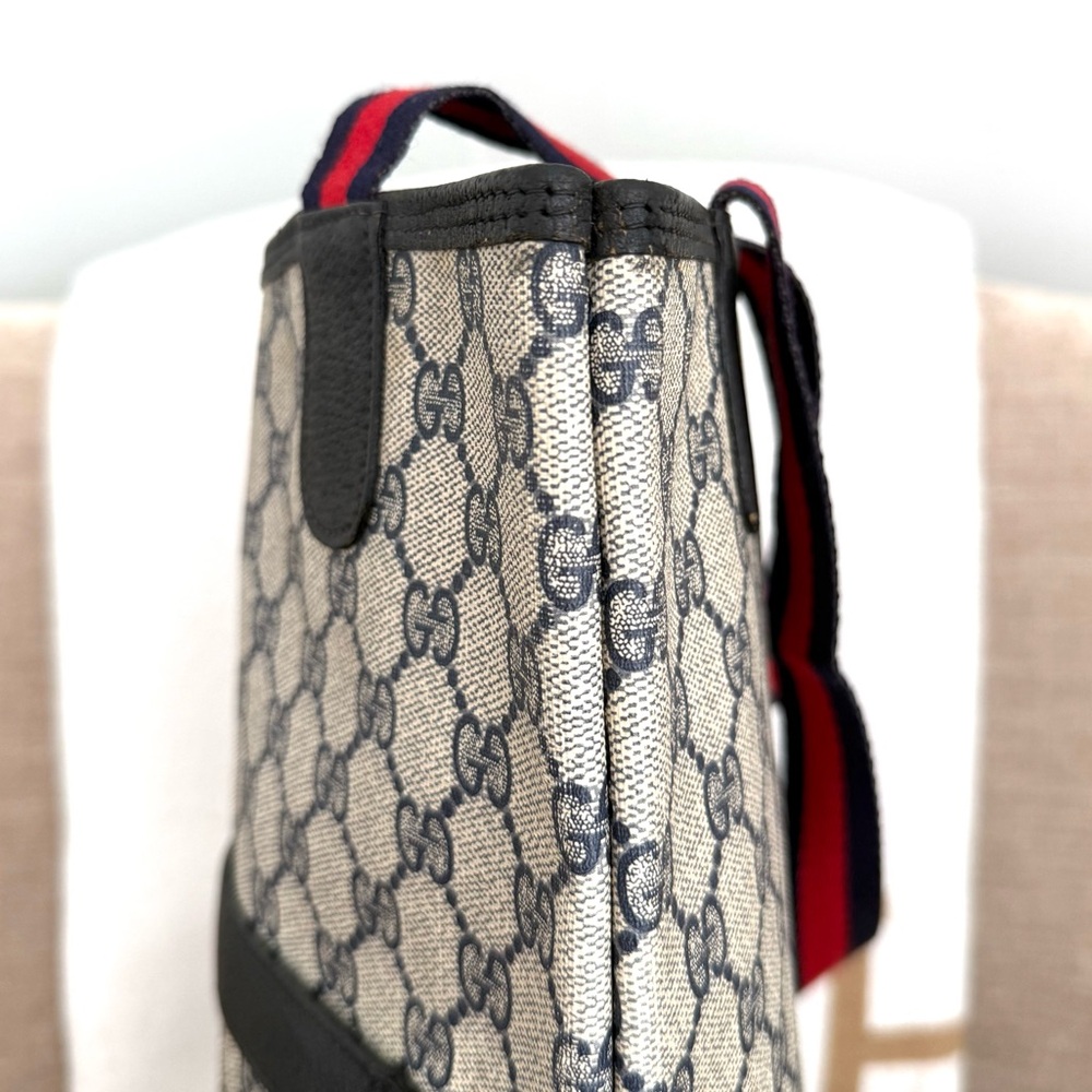 Gucci authentic navy grey monogram coated canvas tote bag ribbon handles - Picture 8 of 16